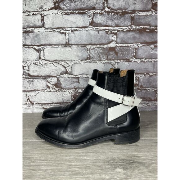 BALENCIAGA Black White Leather Calfskin Chelsea Buckle Ankle Boots Women 37EU/6M - Picture 2 of 16